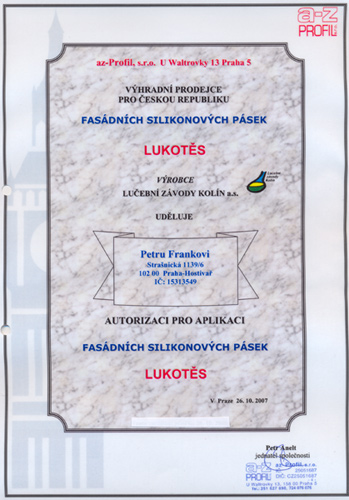 Certifikát Lukotěs - fasádní silikonové pásky - těsnění spár panelových staveb 