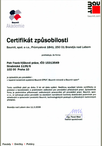 Baumit - certifikát způsobilosti k provádění kontaktních zateplovacích systémů